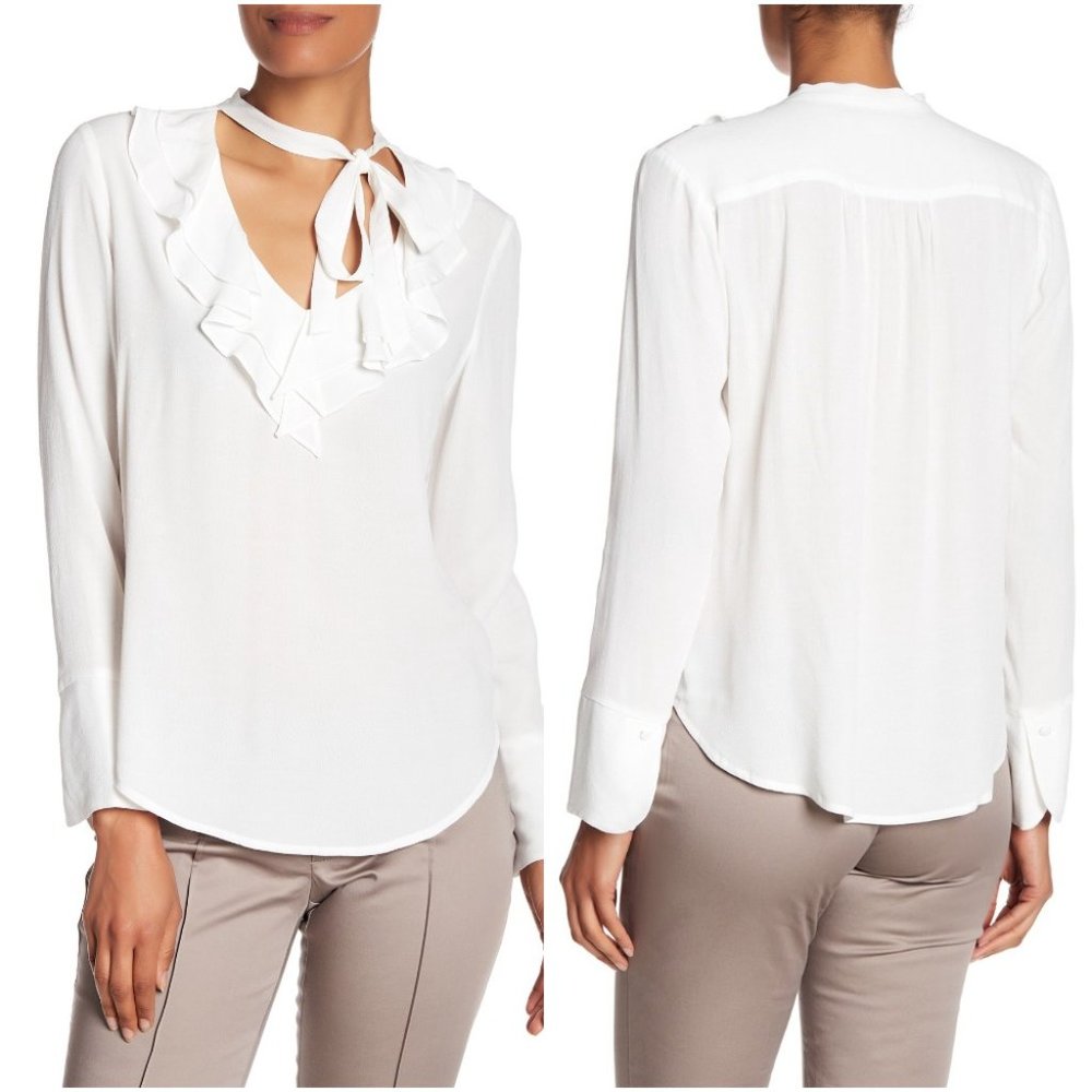 VERTIGO Long Sleeve Solid Front Tie Neck Blouse